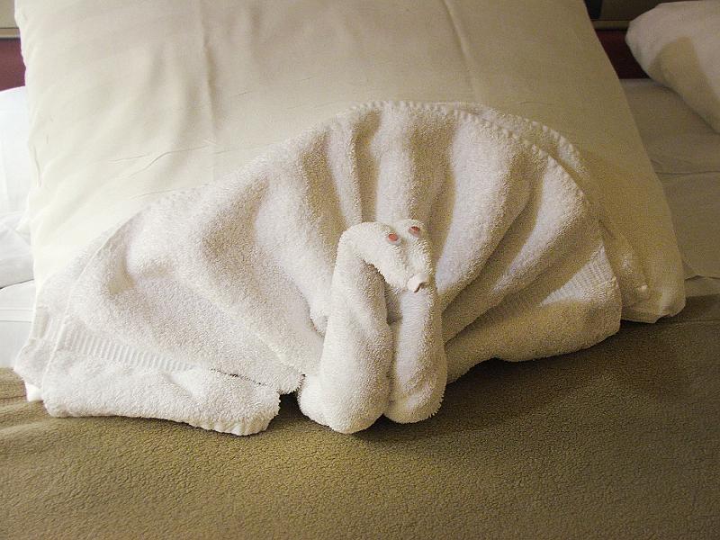 DSCF9639.JPG - That night we found this piece of towel art on our turned-out bed.